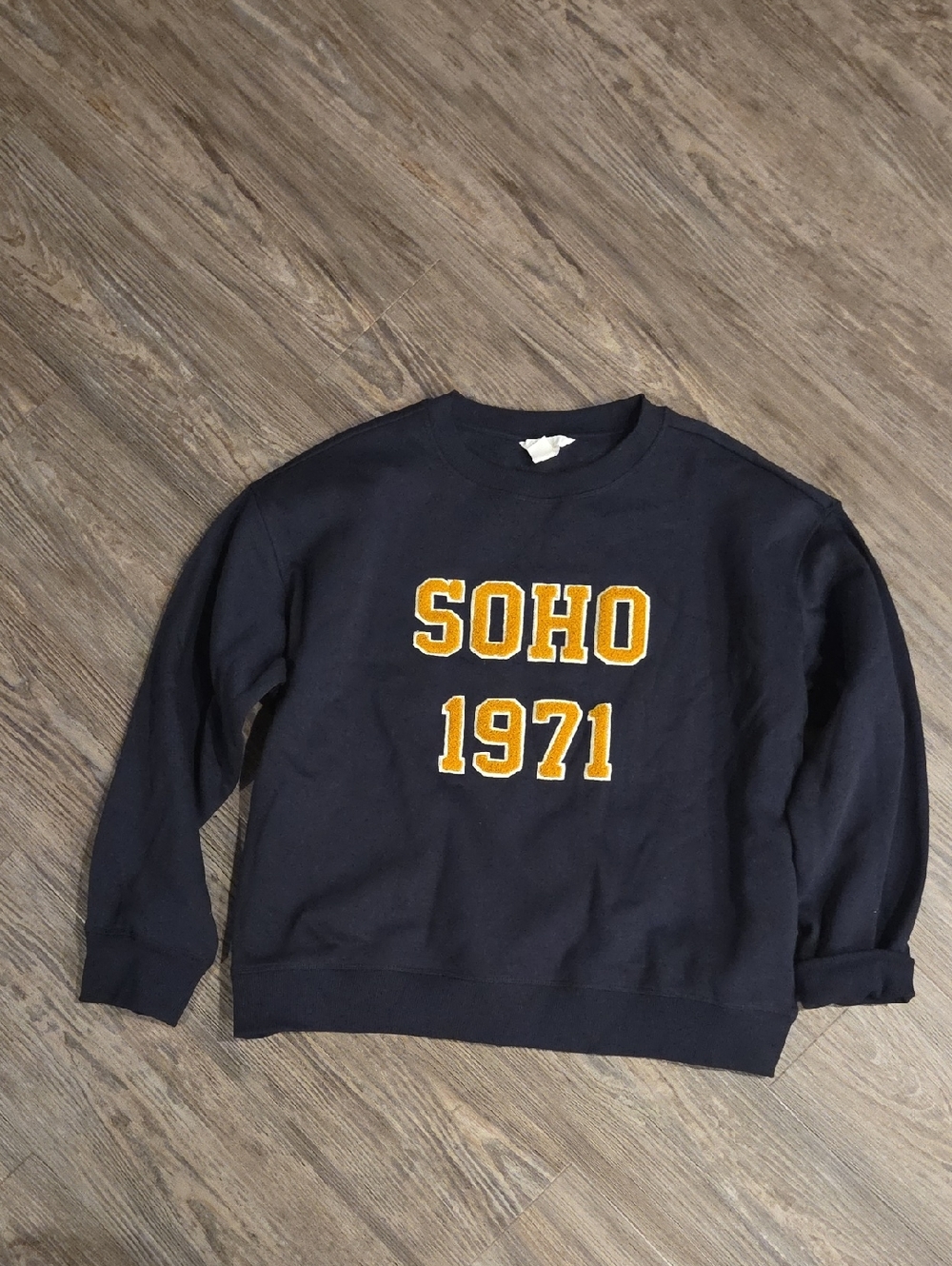 H&M Navy Crewneck Sweatshirt with Gold SOHO 1971 Applique